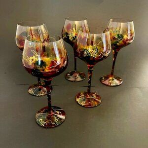 Set of 5 Vintage Romanian Art Crystal Wine Glasses, Handmade Multi-Colored